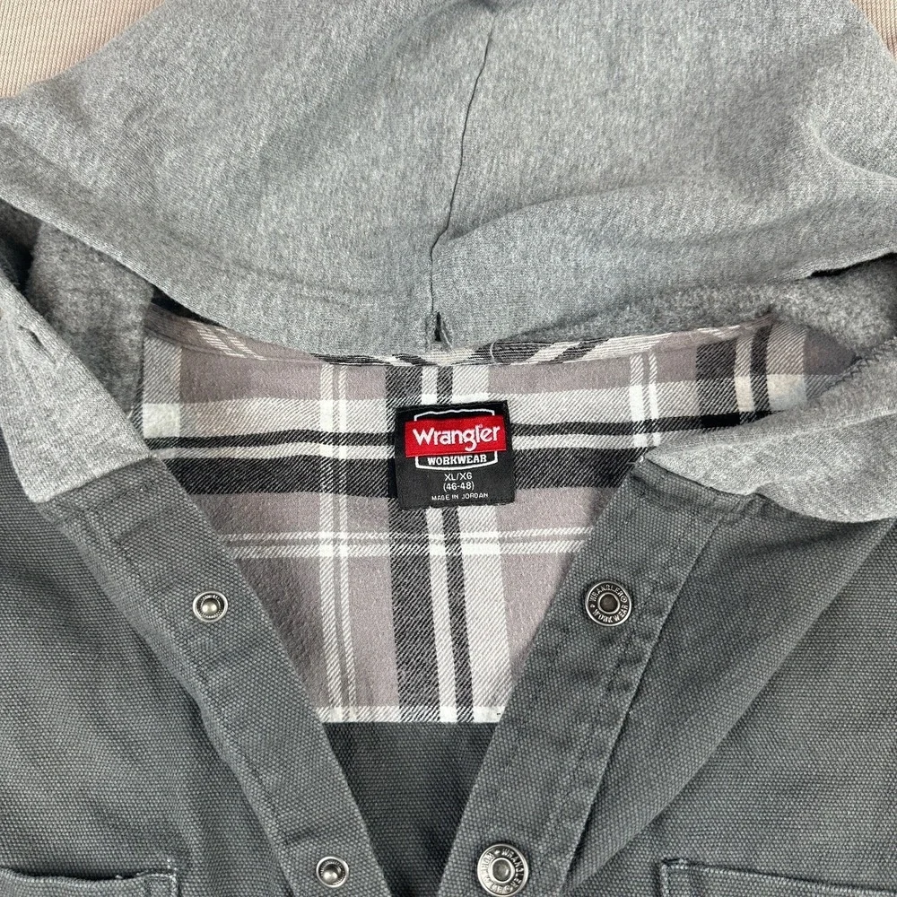 Wrangler Workwear Snap Shirt Hooded Jacket XL Gray Canvas (Drawstring Removed)